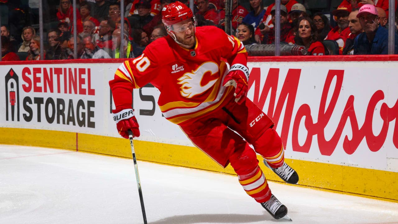 Jonathan Huberdeau #10 of the Calgary Flames skates against the Toronto Maple Leafs at the Scotiabank Saddledome on February 02, 2026 in Calgary, Alberta. 