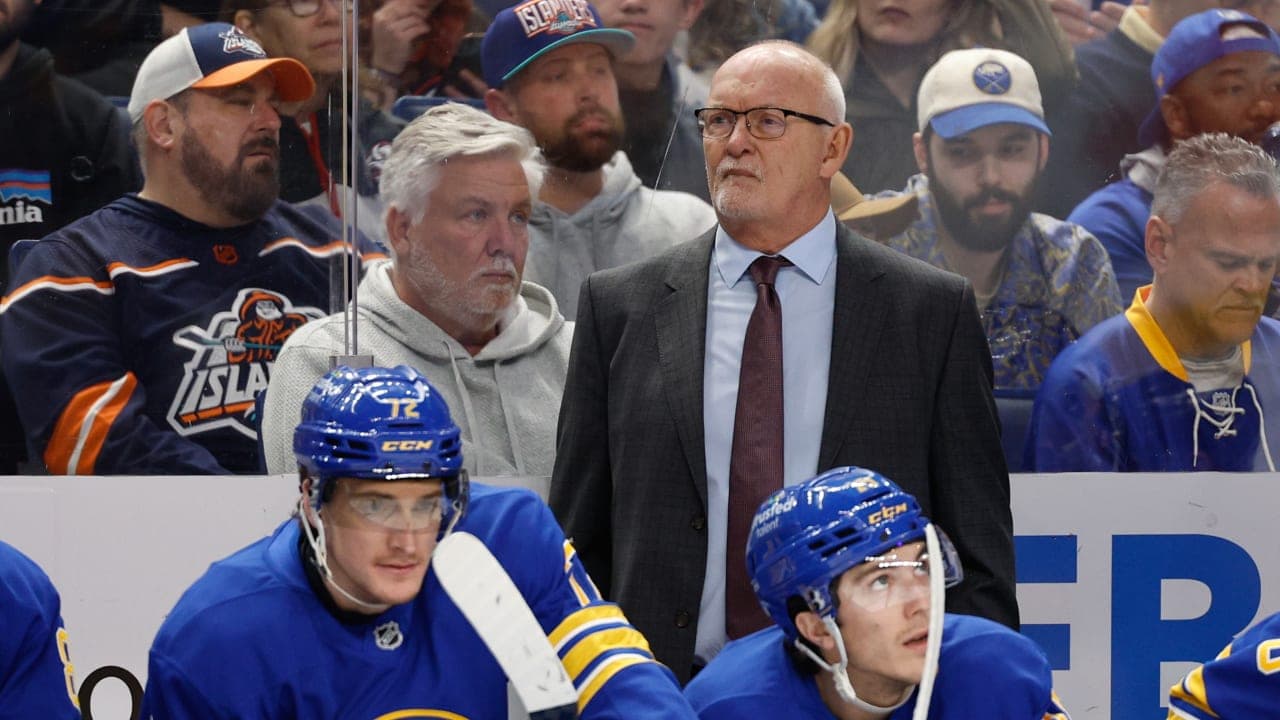 Buffalo Sabres head coach Lindy Ruff watches his team during the first period against the New York Islanders at KeyBank Center on March 31, 2026 in Buffalo, New York. 