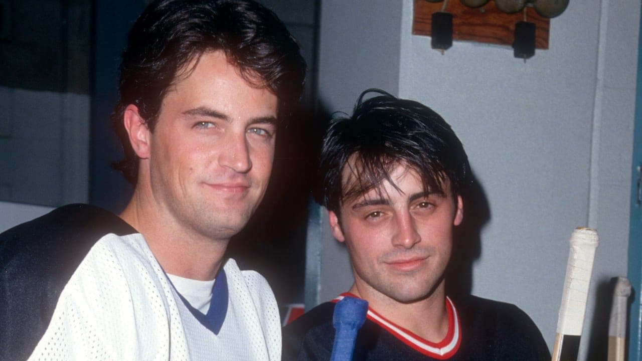 Actors Matthew Perry, left, and Matt LeBlanc at a charity hockey game.
