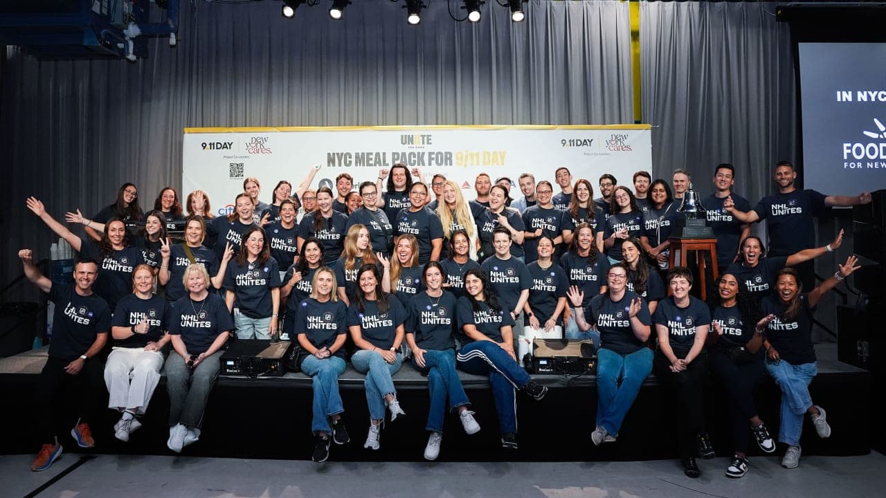 NEW YORK, NEW YORK - SEPTEMBER 08: Volunteers from the National Hockey League participate in the NYC Meal Pack for 9/11 Day at the USS Intrepid on September 8, 2026 in New York City. (Photo by Jared Silber/NHLI via Getty Images)