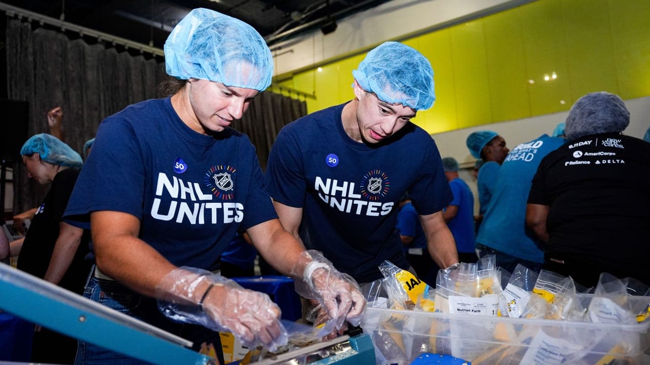 NEW YORK, NEW YORK - SEPTEMBER 08: Volunteers from the National Hockey League participate in the NYC Meal Pack for 9/11 Day at the USS Intrepid on September 8, 2026 in New York City. (Photo by Jared Silber/NHLI via Getty Images)