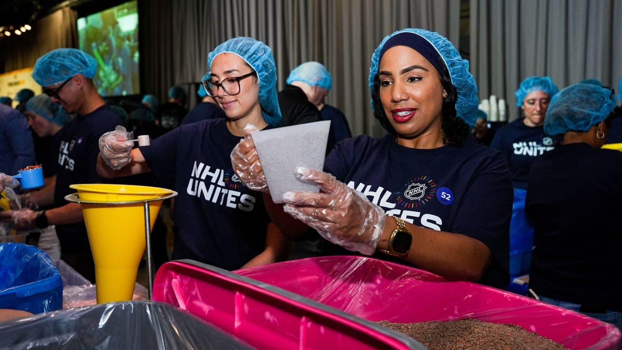 NEW YORK, NEW YORK - SEPTEMBER 08: Volunteers from the National Hockey League participate in the NYC Meal Pack for 9/11 Day at the USS Intrepid on September 8, 2026 in New York City. (Photo by Jared Silber/NHLI via Getty Images)