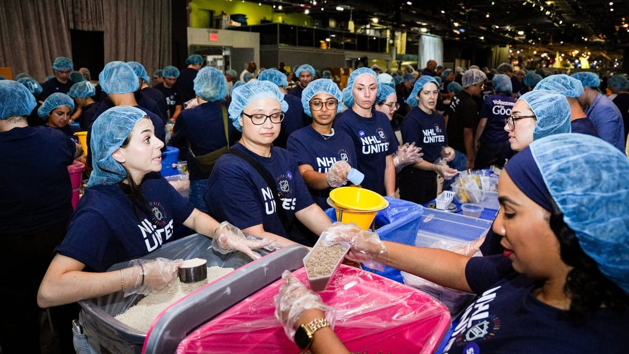 NEW YORK, NEW YORK - SEPTEMBER 08: Volunteers from the National Hockey League participate in the NYC Meal Pack for 9/11 Day at the USS Intrepid on September 8, 2026 in New York City. (Photo by Jared Silber/NHLI via Getty Images)