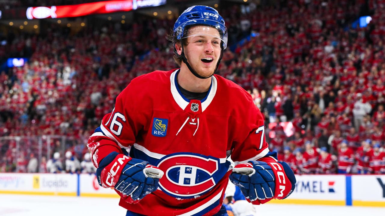Zachary Bolduc #76 of the Montréal Canadiens reacts during the third period against the Buffalo Sabres in Game Three of the Second Round of the 2026 Stanley Cup Playoffs at the Bell Centre on May 10, 2026 in Montreal, Quebec, Canada. 