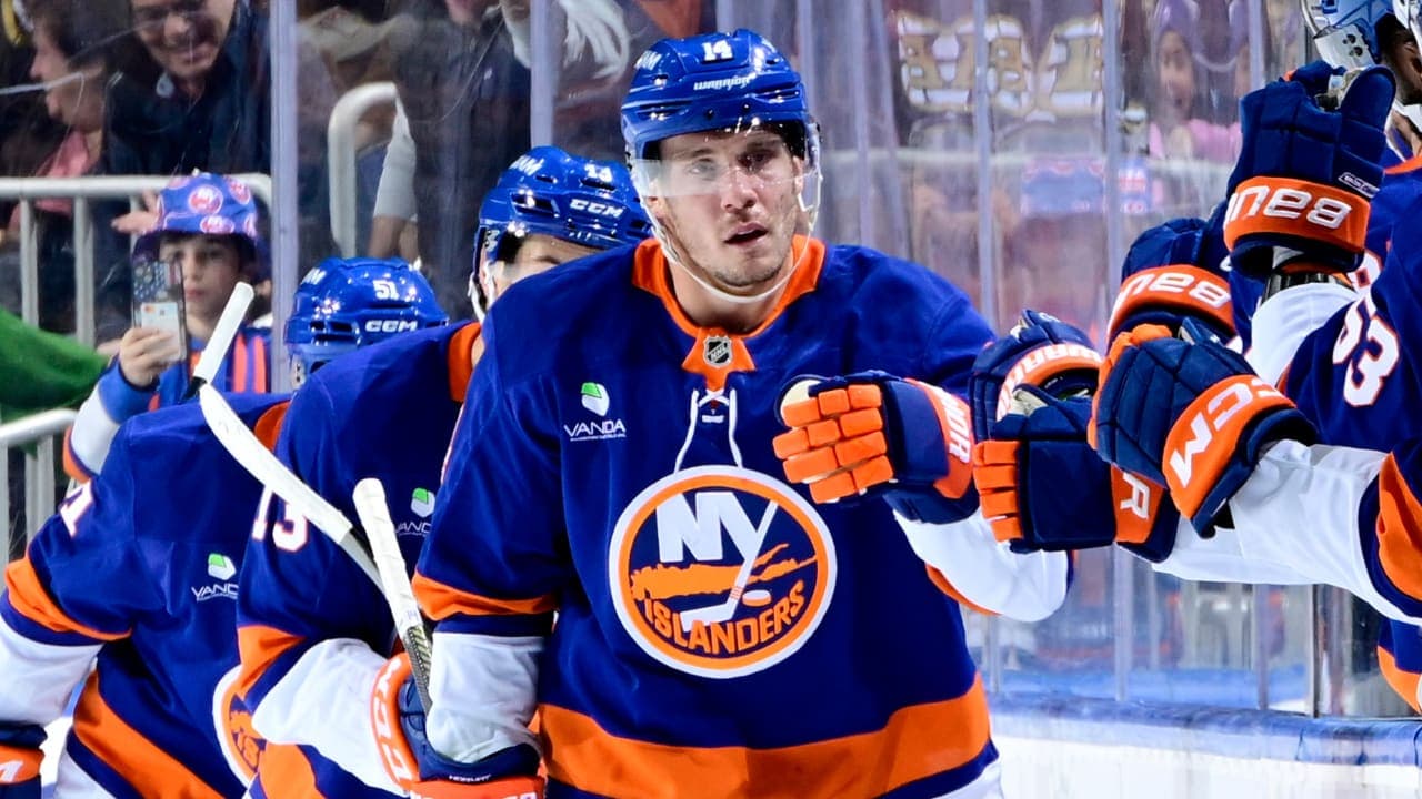 Bo Horvat #14 of the New York Islanders celebrates his second period goal at 13:06 against the Boston Bruins at UBS Arena on November 04, 2025 in Elmont, New York. 