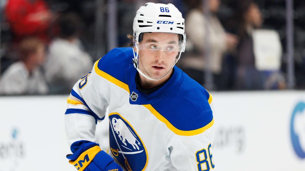 Noah Ostlund #86 of the Buffalo Sabres skates before the game against the Anaheim Ducks at Honda Center on March 22, 2026 in Anaheim, California. (Photo by Ric Tapia/Getty Images)