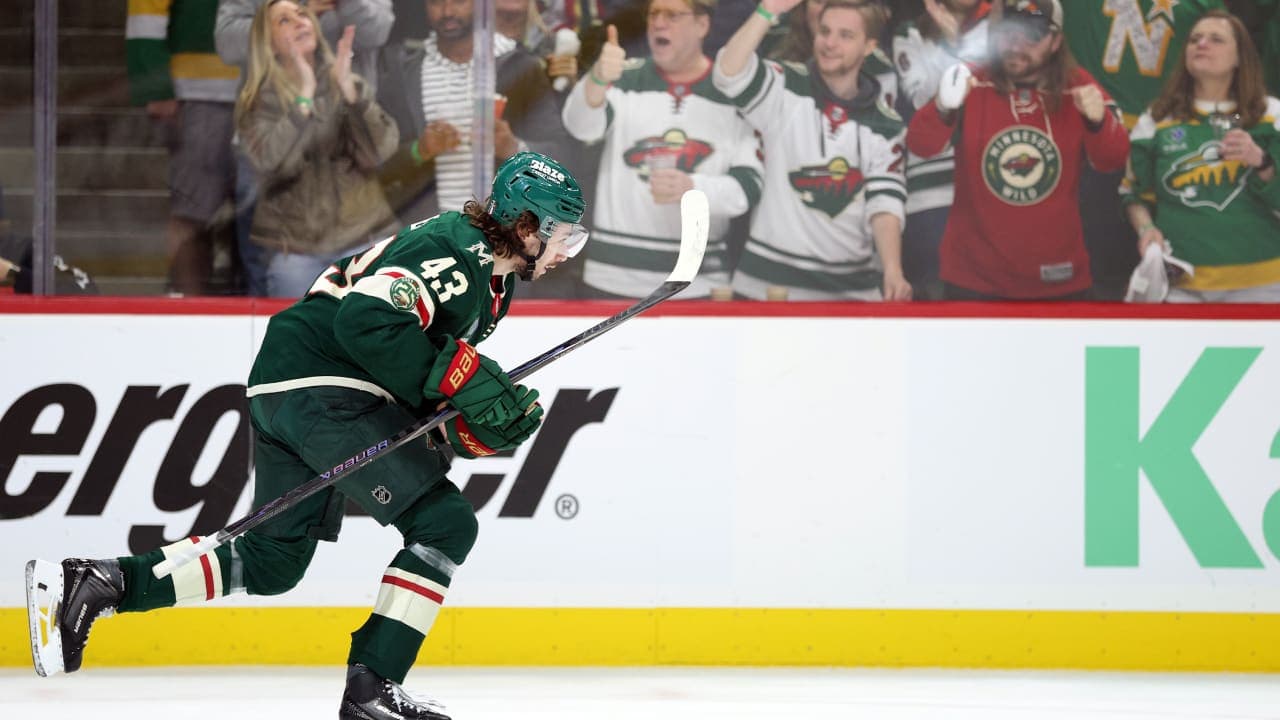 Quinn Hughes #43 of the Minnesota Wild celebrates a goal after scoring a goal against the Dallas Stars during the first period in Game Six of the First Round of the 2026 Stanley Cup Playoffs at Grand Casino Arena on April 30, 2026 in St Paul, Minnesota. 