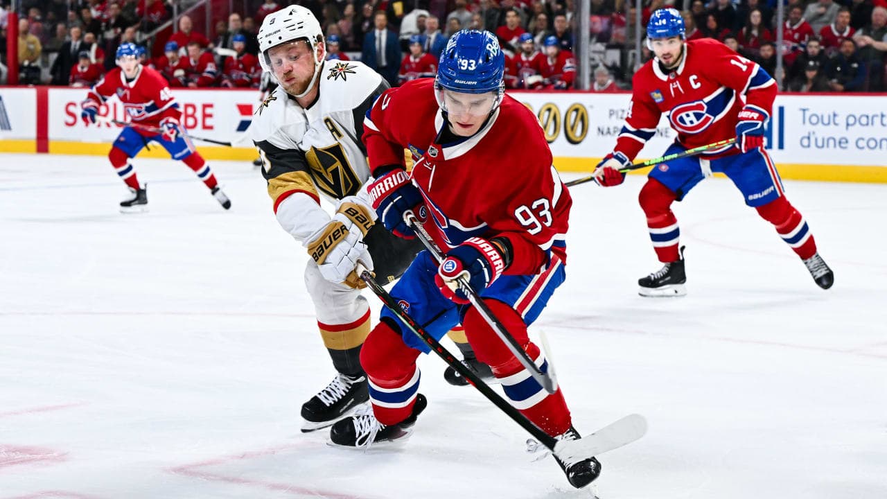 ack Eichel #9 of the Vegas Golden Knights and Ivan Demidov #93 of the Montréal Canadiens battle for the puck during the second period at the Bell Centre on January 27, 2026 in Montreal, Quebec, Canada. The Montréal Canadiens defeated the Vegas Golden Knights 3-2 in overtime. 