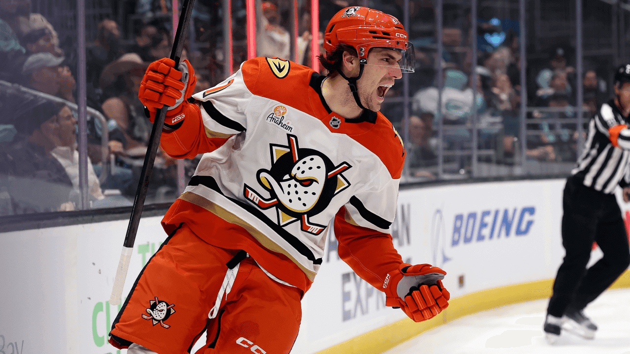 Cutter Gauthier #61 of the Anaheim Ducks celebrates his goal 