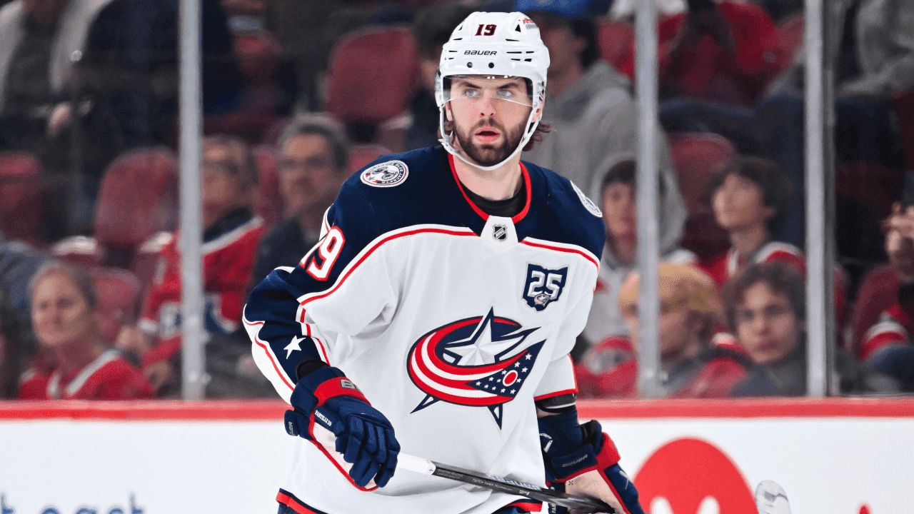 Adam Fantilli #19 of the Columbus Blue Jackets skates during the third period against the Montréal Canadiens at the Bell Centre on April 11, 2026 in Montreal, Quebec, Canada. The Columbus Blue Jackets defeated the Montréal Canadiens 5-2.