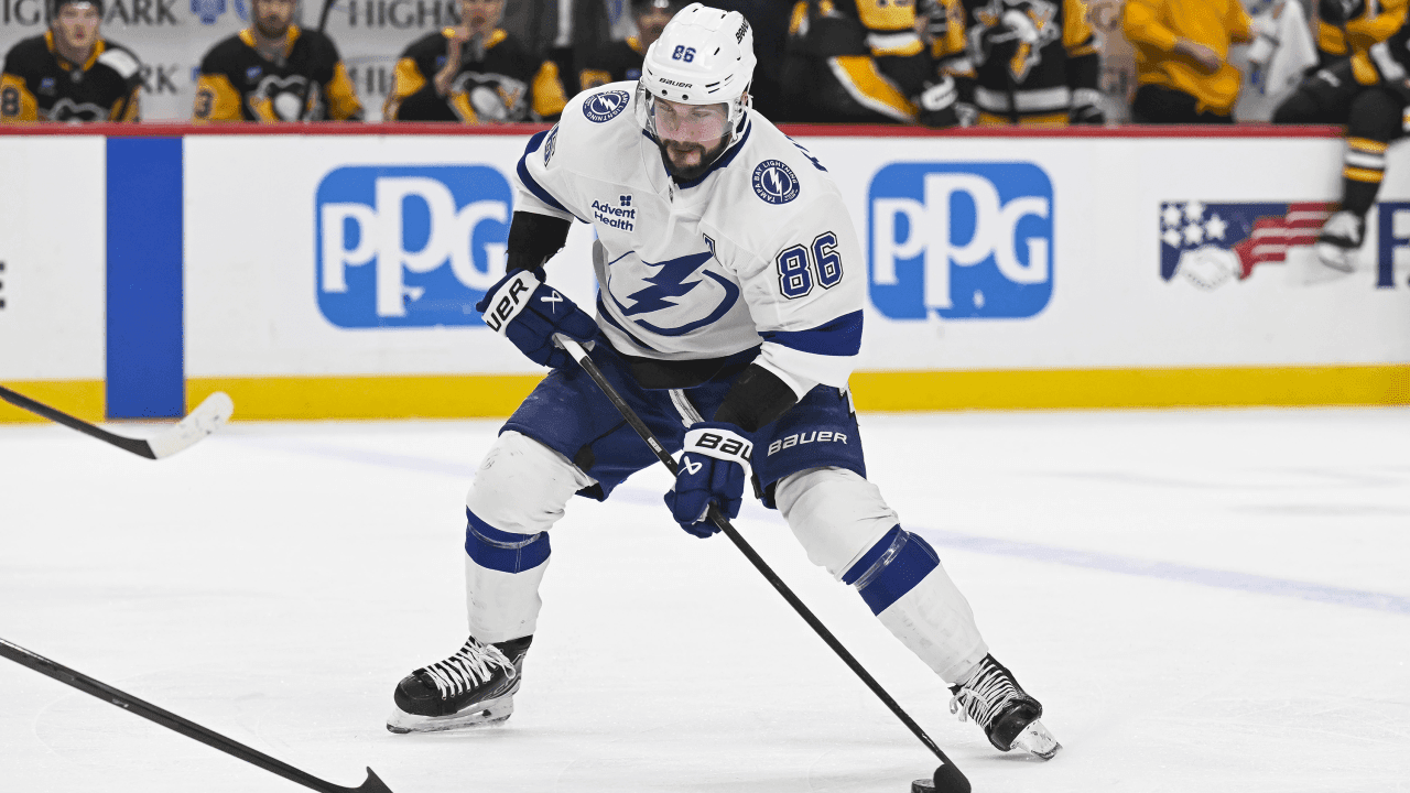 Tampa Bay Lightning right wing Nikita Kucherov (86) shoots the puck during the first period in the NHL game between the Pittsburgh Penguins and the Tampa Bay Lightning on January 12, 2025, at PPG Paints Arena in Pittsburgh, PA.