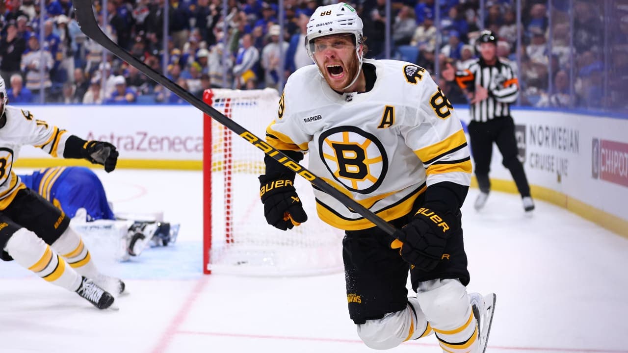 David Pastrnak #88 of the Boston Bruins celebrates his game winning overtime goal against the Buffalo Sabres in Game Five of the First Round of the 2026 Stanley Cup Playoffs at KeyBank Center on April 28, 2026 in Buffalo, New York. Boston won, 2-1. 