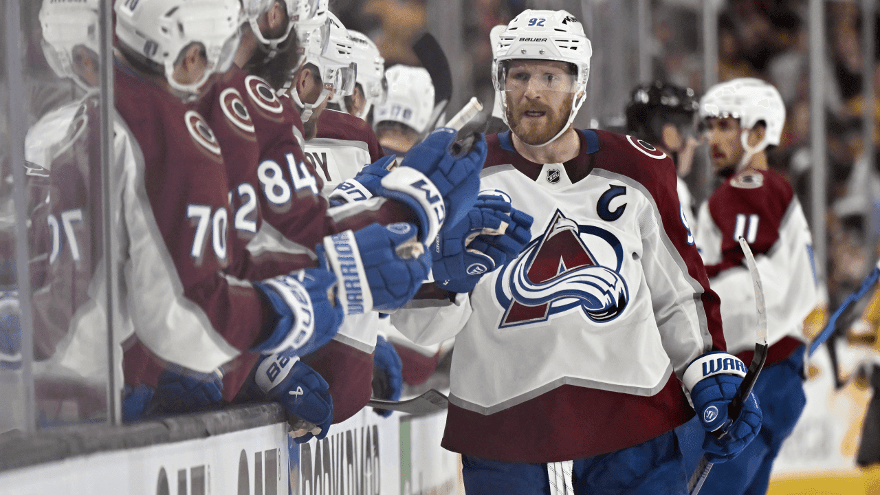 Gabriel Landeskog #92 of the Colorado Avalanche celebrates with teammates after a goal during the third period against the Vegas Golden Knights in Game Four of the Western Conference Final of the 2026 Stanley Cup Playoffs at T-Mobile Arena on May 26, 2026 in Las Vegas, Nevada.