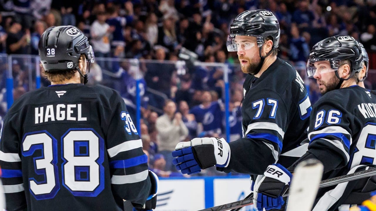 TAMPA, FL - FEBRUARY 28: Victor Hedman #77 of the Tampa Bay Lightning celebrates a goal with teammates \against the Buffalo Sabres at Benchmark International Arena on February 28, 2026 in Tampa, Florida. (Photo by Mark LoMoglio/NHLI via Getty Images)