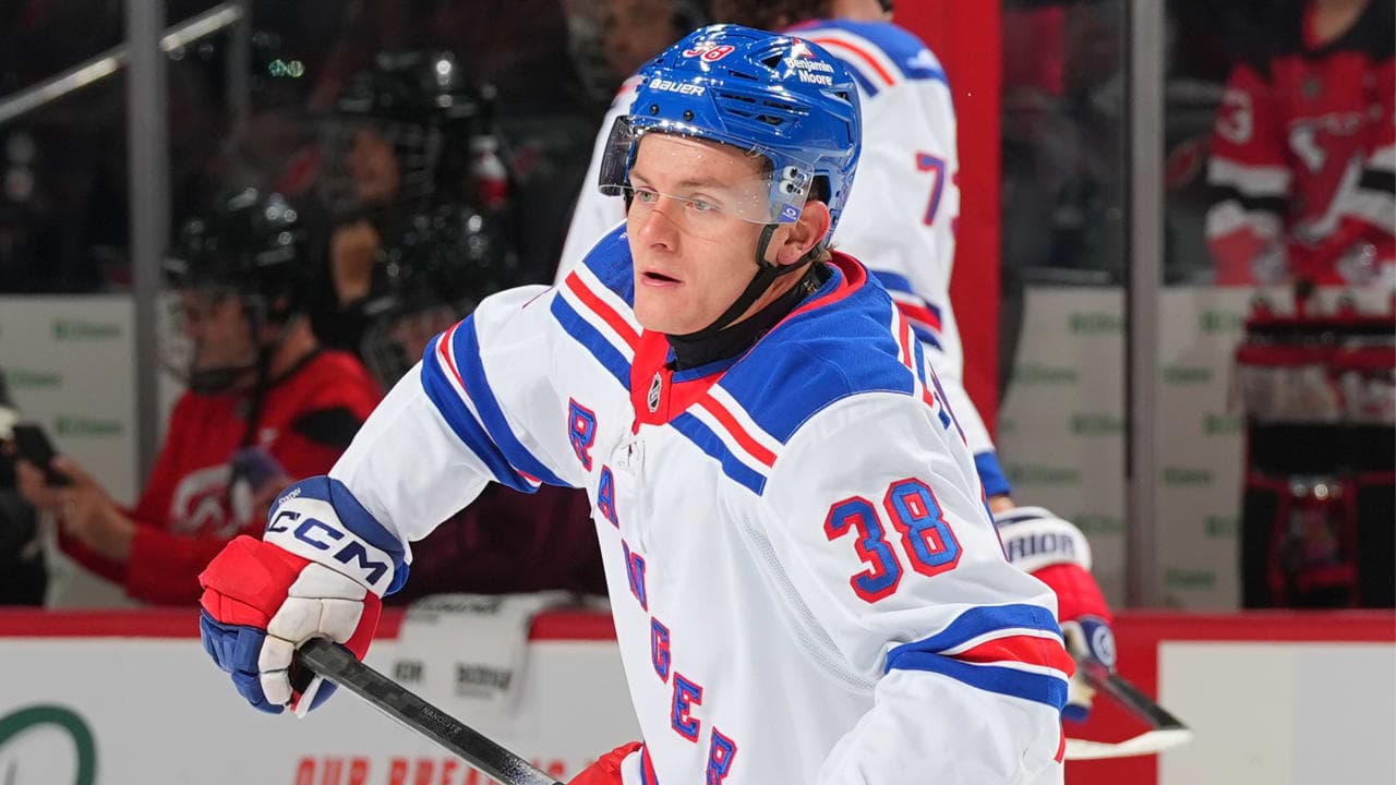 Adam Sykora #38 of the New York Rangers skates during warm-ups prior to the game against the New Jersey Devils at Prudential Center on September 21, 2026, in Newark, New Jersey. 
