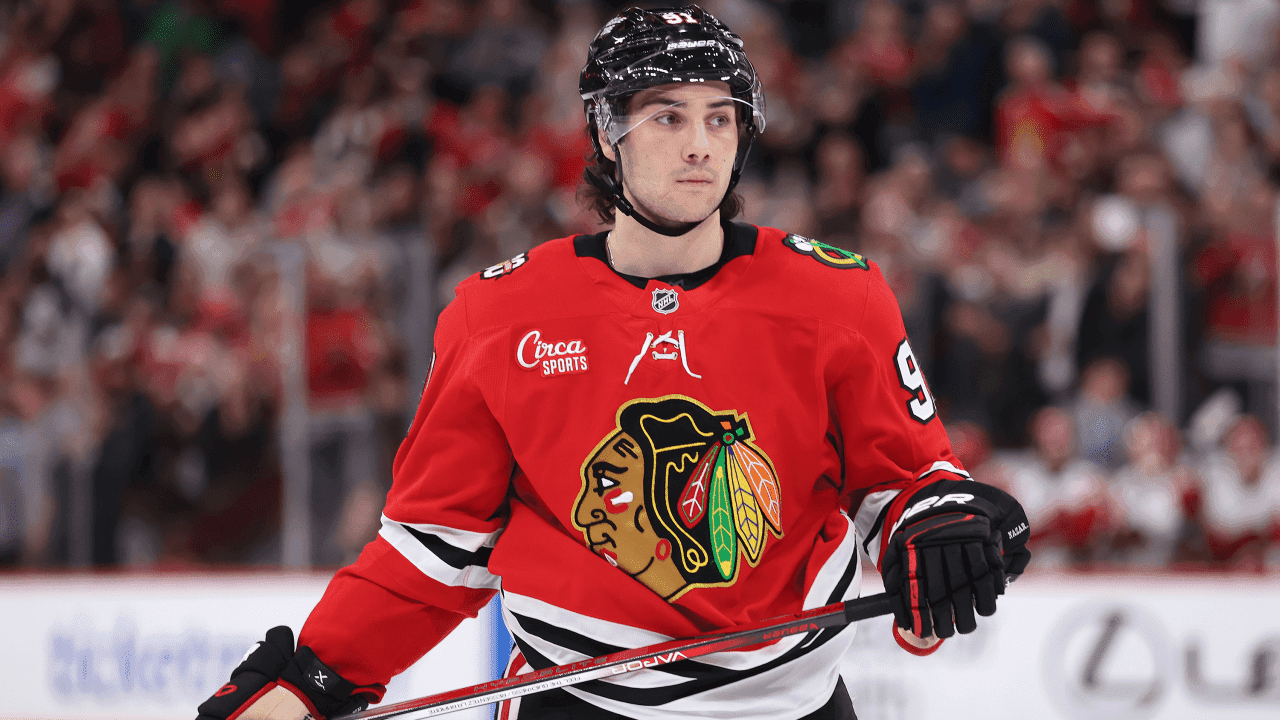 Frank Nazar #91 of the Chicago Blackhawks looks on against the Carolina Hurricanes during the second period at the United Center on April 09, 2026 in Chicago, Illinois.