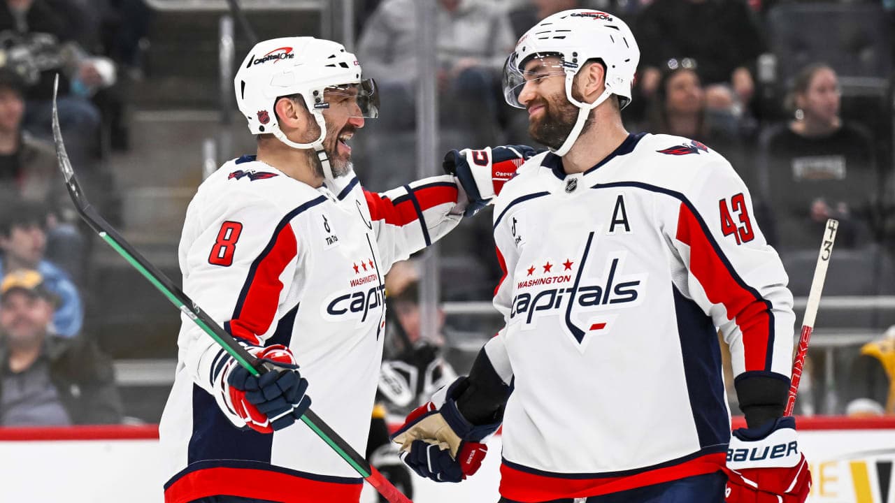 PITTSBURGH, PA - APRIL 11: Washington Capitals left wing Alex Ovechkin (8) celebrates his empty net goal with Washington Capitals right wing Tom Wilson (43) during the third period in the NHL game between the Pittsburgh Penguins and the Washington Capitals on April 11, 2026, at PPG Paints Arena in Pittsburgh, PA. (Photo by Jeanine Leech/Icon Sportswire via Getty Images)
