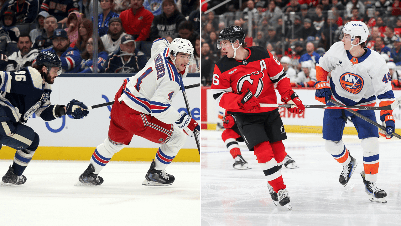 Kirill Marchenko #86 of the Columbus Blue Jackets and Braden Schneider #4 of the New York Rangers chase after the puck; Jack Hughes #86 of the New Jersey Devils and Matthew Schaefer #48 of the New York Islanders skate 