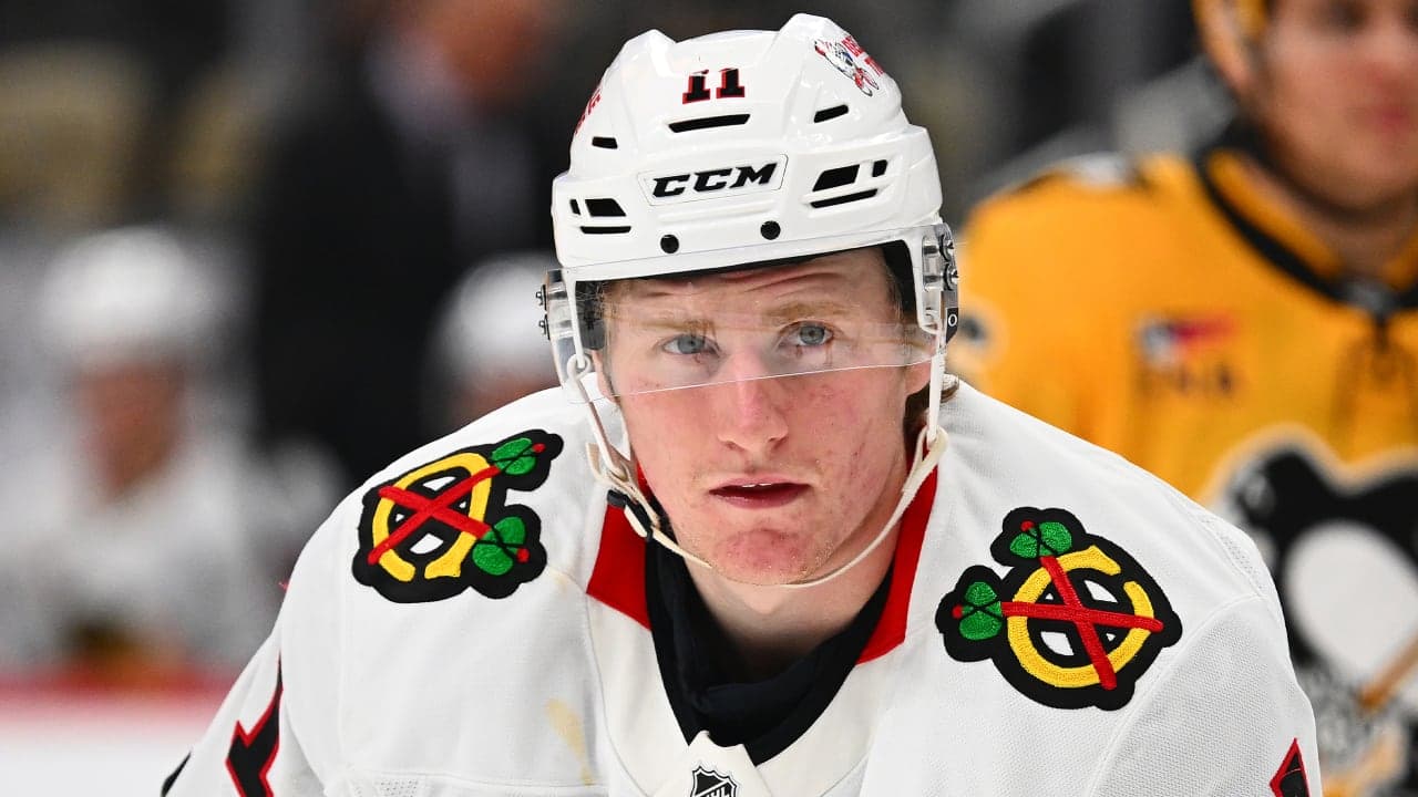 Oliver Moore #11 of the Chicago Blackhawks in action during the game against the Pittsburgh Penguins at PPG PAINTS Arena on January 29, 2026 in Pittsburgh, Pennsylvania. 