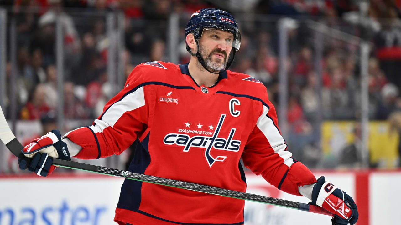 Alex Ovechkin #8 of the Washington Capitals skates against the Pittsburgh Penguins on April 12, 2026 at Capital One Arena in Washington, D.C.