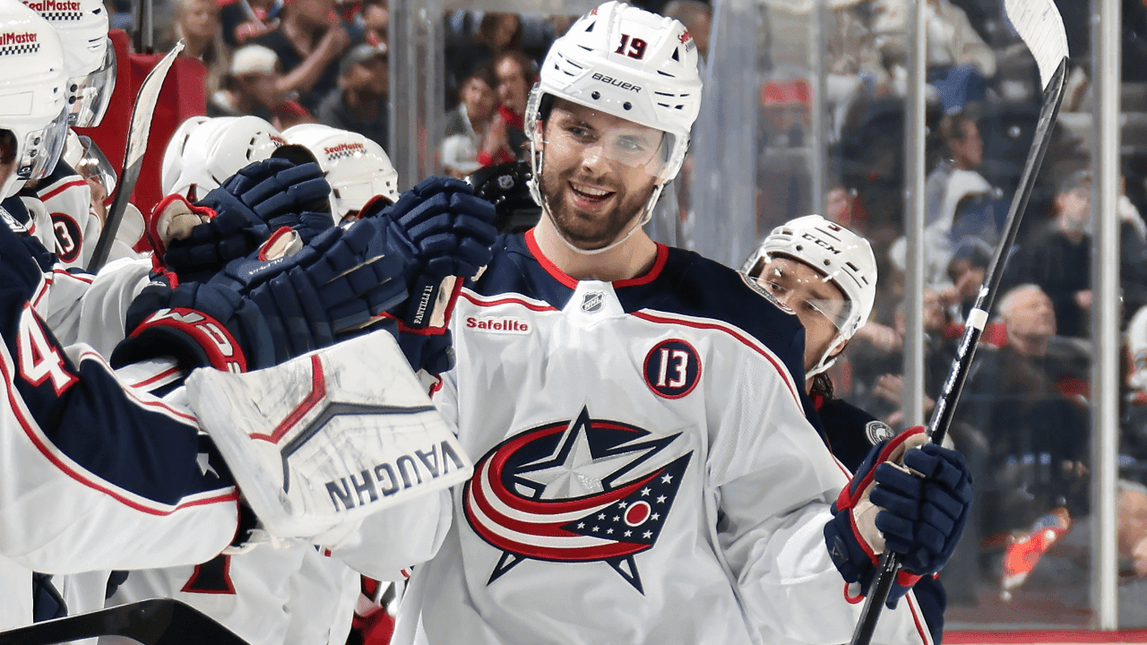 Adam Fantilli #19 of the Columbus Blue Jackets celebrates his third period goal with teammates on the bench against the Philadelphia Flyers at the Wells Fargo Center on April 15, 2025 in Philadelphia, Pennsylvania.