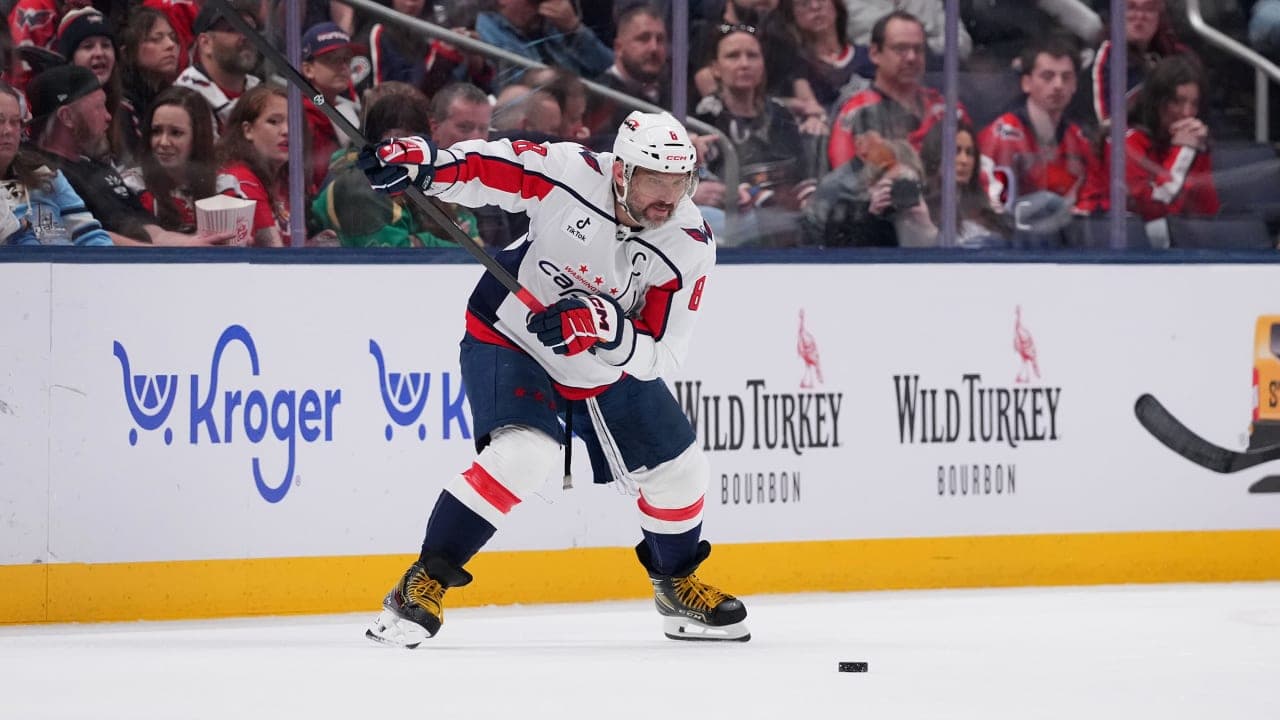 Alex Ovechkin #8 of the Washington Capitals seen in action during the game against the Columbus Blue Jackets at Nationwide Arena on April 14, 2026 in Columbus, Ohio. 