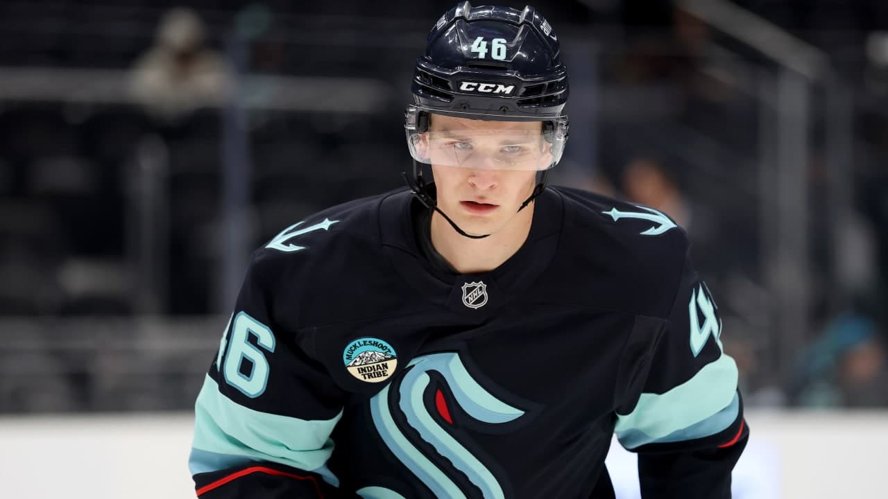 Ville Ottavainen #46 of the Seattle Kraken skates before a preseason game against the Edmonton Oilers at Climate Pledge Arena on October 01, 2025 in Seattle, Washington.