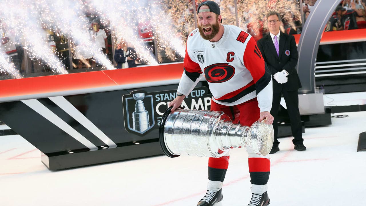 Jordan Staal #11 of the Carolina Hurricanes holds the Stanley Cup following the win against the Vegas Golden Knights in Game Six of the 2026 NHL Stanley Cup Final at T-Mobile Arena on June 14, 2026 in Las Vegas, Nevada. 