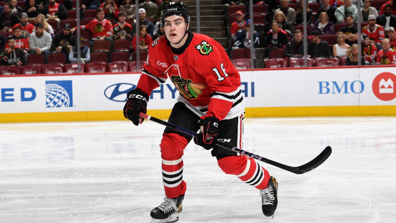 Anton Frondell #16 of the Chicago Blackhawks skates in the second period against the Winnipeg Jets at the United Center on March 31, 2026 in Chicago, Illinois. 