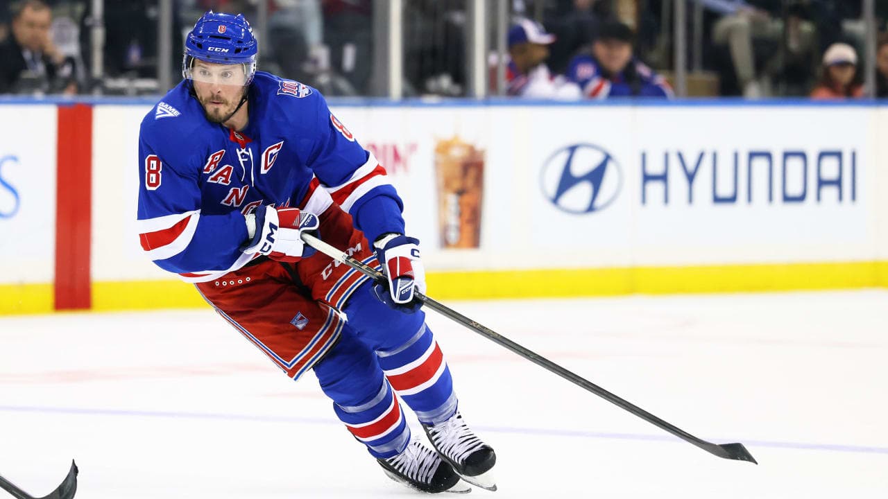 J.T. Miller #8 of the New York Rangers skates against the Montréal Canadiens at Madison Square Garden on April 02, 2026 in New York City.