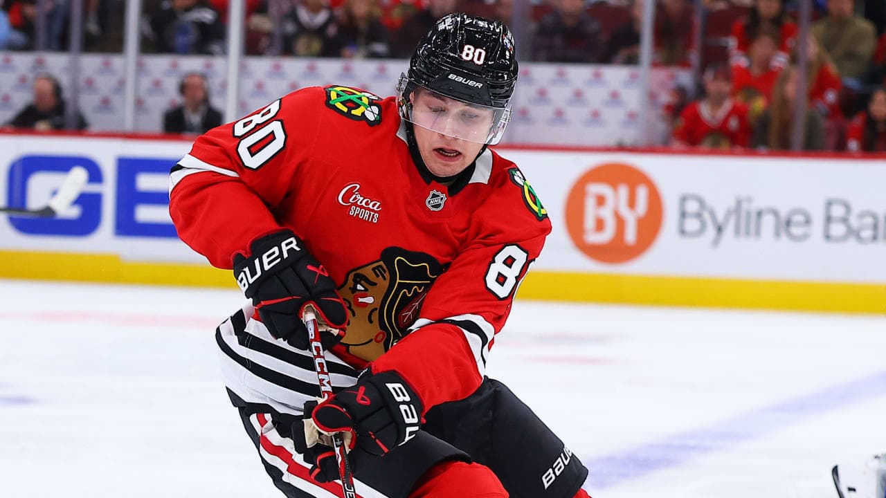 CHICAGO, IL - SEPTEMBER 26: Roman Kantserov #80 of the Chicago Blackhawks controls the puck during the third period against the St. Louis Blues on September 26, 2026 at the United Center in Chicago. (Photo by Melissa Tamez/Icon Sportswire via Getty Images)