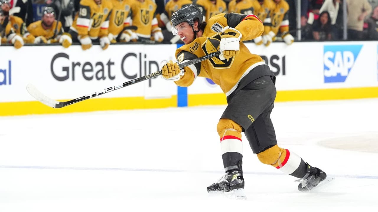 Mitch Marner #93 of the Vegas Golden Knights follows through on his shot during the first period of Game Six of the 2026 NHL Stanley Cup Final between the Carolina Hurricanes and the Vegas Golden Knights at T-Mobile Arena on June 14, 2026 in Las Vegas, Nevada. 