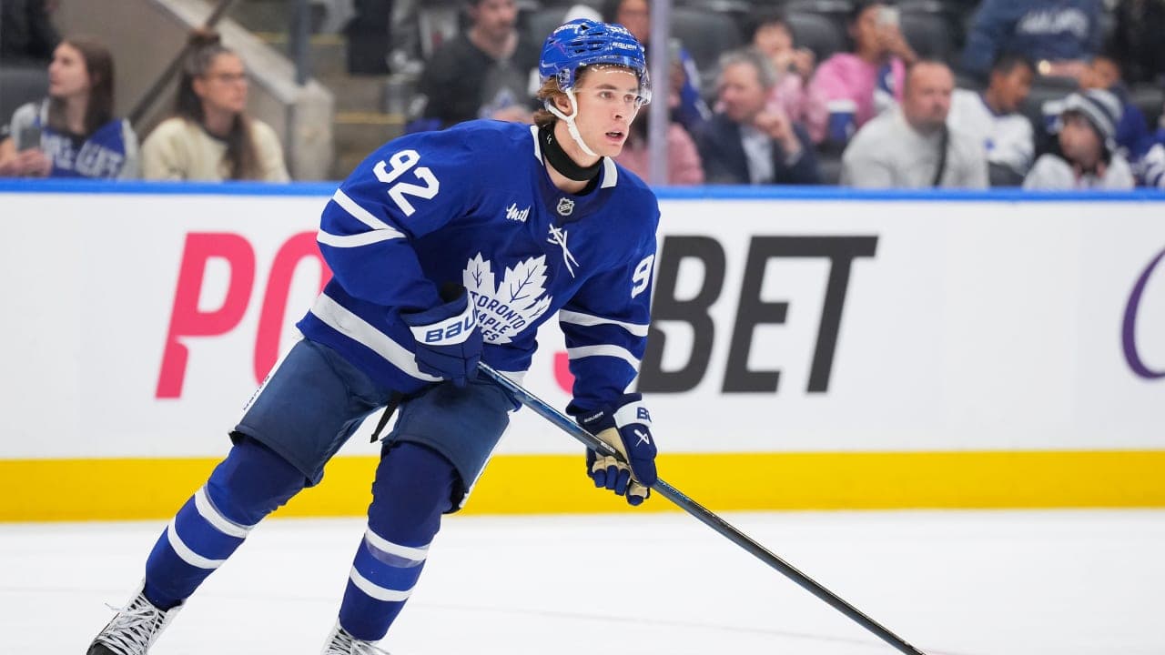 TORONTO, CANADA - SEPTEMBER 23: Gavin McKenna #92 of the Toronto Maple Leafs skates against the Ottawa Senators in preseason game action at Scotiabank Arena on September 23, 2026 in Toronto, Ontario, Canada. (Photo by Chris Tanouye/Getty Images)