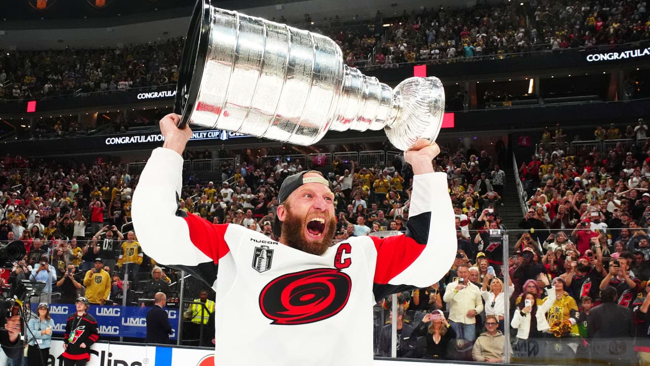 LAS VEGAS, NEVADA - JUNE 14: Jordan Staal #11 of the Carolina Hurricanes hoists the Stanley Cup after defeating the Vegas Golden Knights in Game Six of the 2026 NHL Stanley Cup Final between the Carolina Hurricanes and the Vegas Golden Knights at T-Mobile Arena on June 14, 2026 in Las Vegas, Nevada. (Photo by Brian Babineau/NHLI via Getty Images)