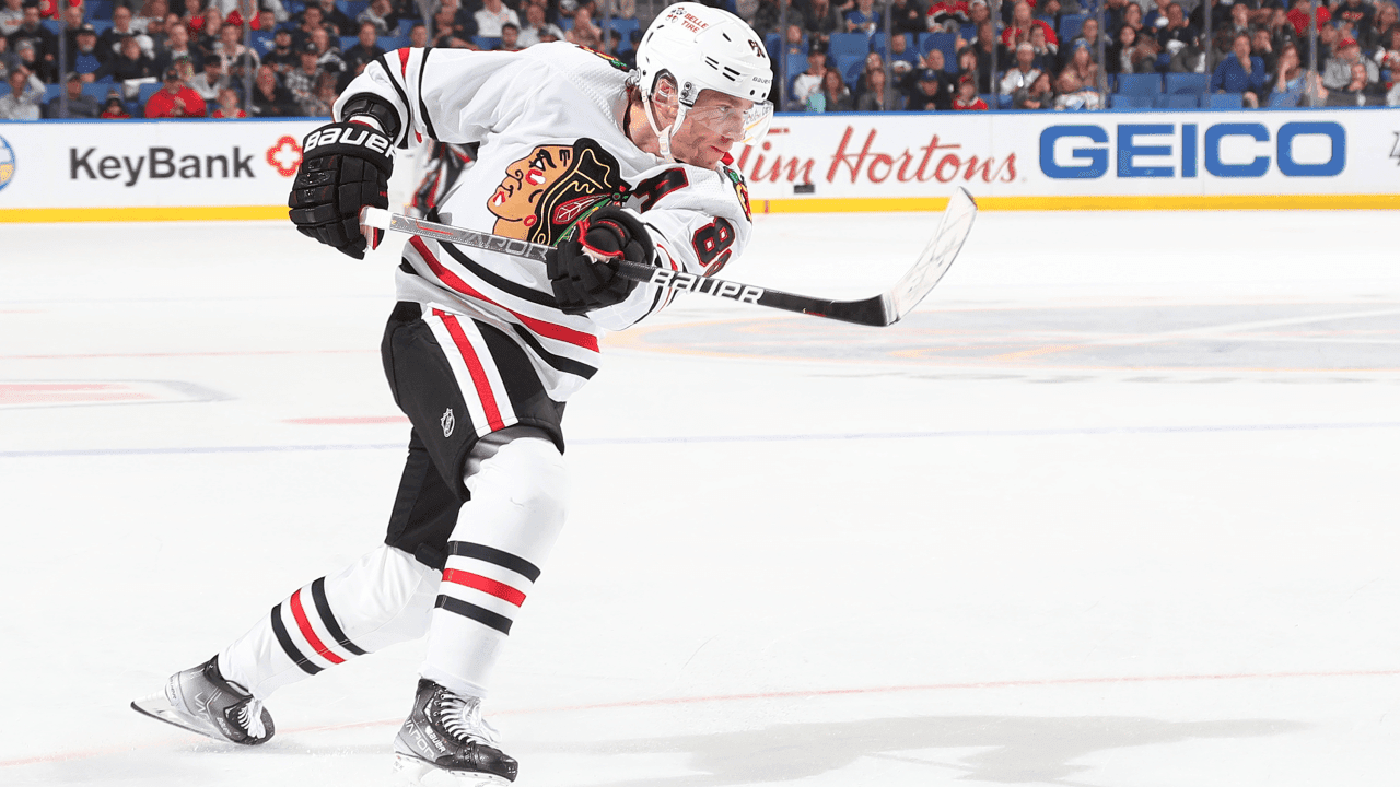 Patrick Kane #88 of the Chicago Blackhawks follows through on a shot against the Buffalo Sabres during an NHL game on October 29, 2022 at KeyBank Center in Buffalo, New York. 