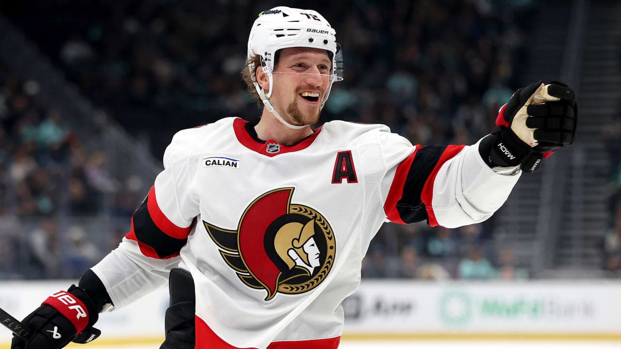 Thomas Chabot #72 of the Ottawa Senators celebrates a goal by Tim Stützle #18 (not pictured) during the third period against the Seattle Kraken at Climate Pledge Arena on March 07, 2026 in Seattle, Washington. 