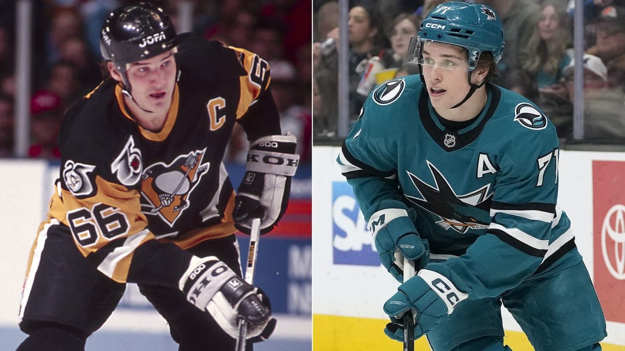 split image of Mario Lemieux and Macklin Celebrini 