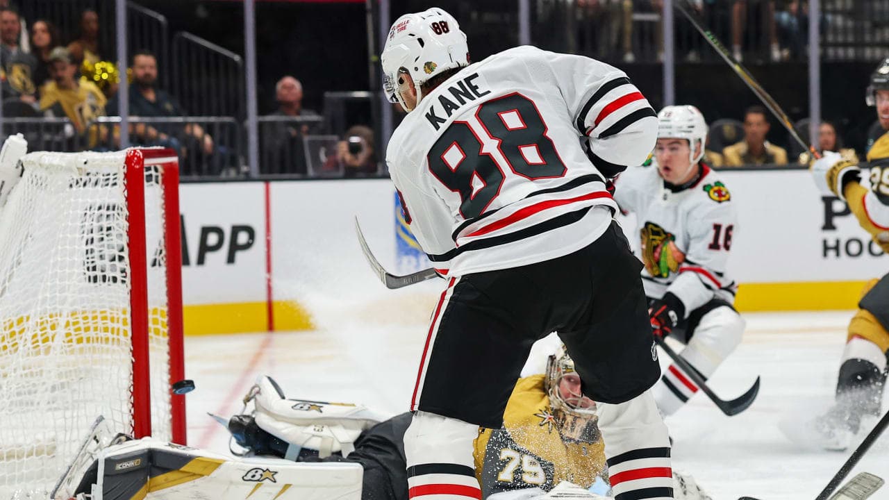 LAS VEGAS, NEVADA - SEPTEMBER 29: Patrick Kane #88 of the Chicago Blackhawks scores a goal against Carter Hart #79 of the Vegas Golden Knights in the third period of their game at T-Mobile Arena on September 29, 2026 in Las Vegas, Nevada. (Photo by Ethan Miller/Getty Images)