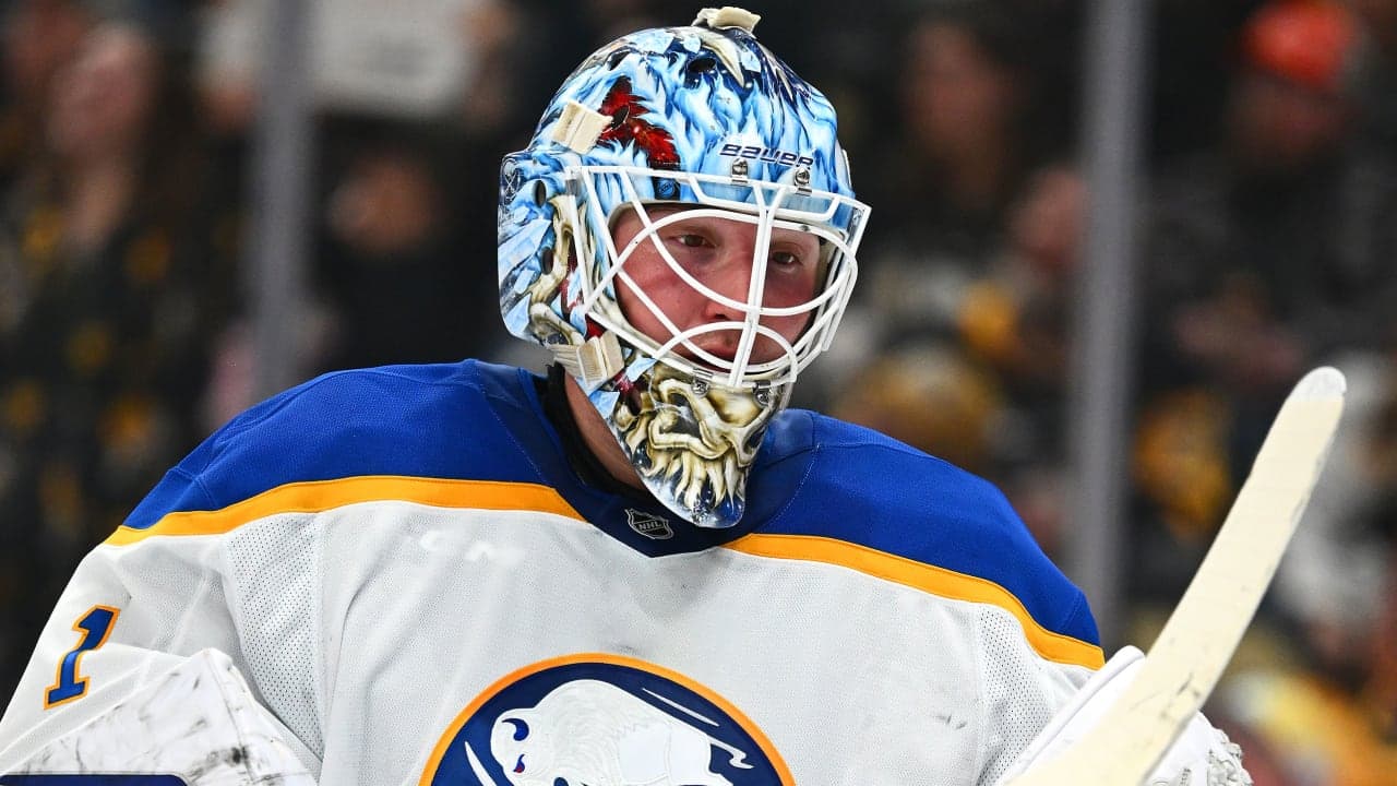 Ukko-Pekka Luukkonen #1 of the Buffalo Sabres in action during the game against the Pittsburgh Penguins at PPG PAINTS Arena on March 5, 2026 in Pittsburgh, Pennsylvania.