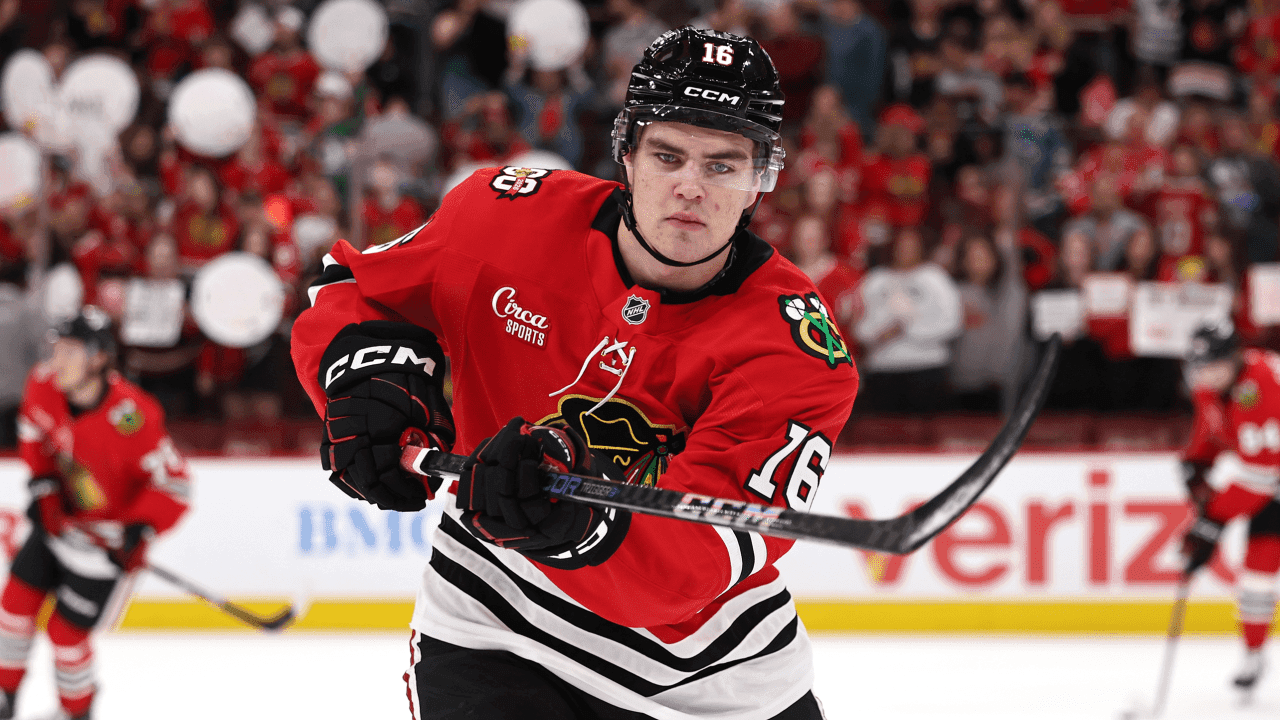 Anton Frondell #16 of the Chicago Blackhawks looks on against the San Jose Sharks at the United Center on April 15, 2026 in Chicago, Illinois.