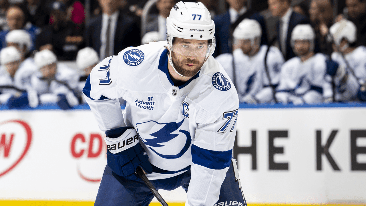 Victor Hedman #77 of the Tampa Bay Lightning looks on against the Toronto Maple Leafs at the Scotiabank Arena on December 8, 2025 in Toronto, Ontario, Canada.