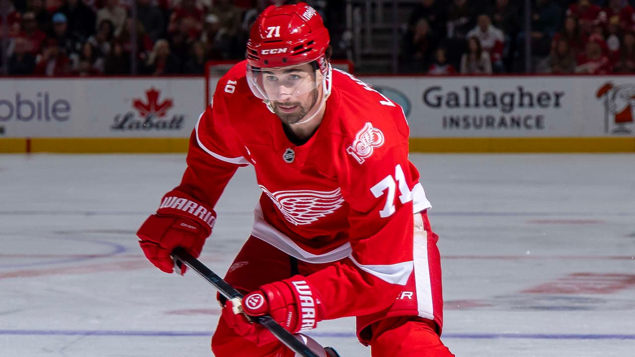 Dylan Larkin #71 of the Detroit Red Wings skates up ice against the Los Angeles Kings during the first period at Little Caesars Arena on January 27, 2026 in Detroit, Michigan. 