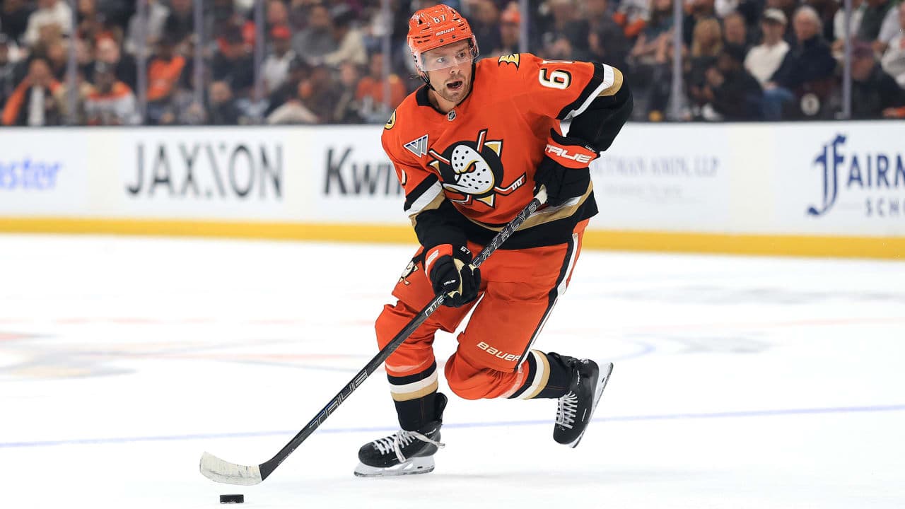 ristan Luneau #67 of the Anaheim Ducks controls the puck during the first period of a preseason game against the Los Angeles Kings at Honda Center on September 23, 2026 in Anaheim, California. 