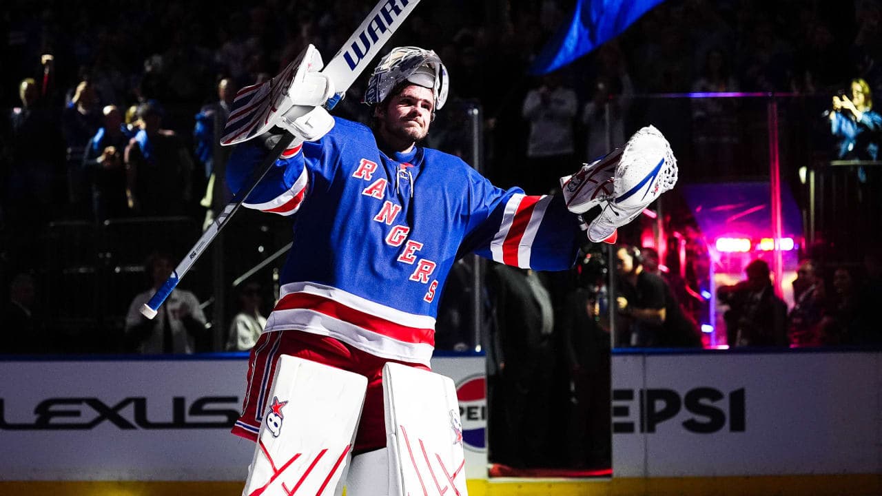 NEW YORK, NEW YORK - OCTOBER 01: Igor Shesterkin #31 of the New York Rangers is named Third Star after the game against the Tampa Bay Lightning at Madison Square Garden on October 1, 2026 in New York City. (Photo by Jared Silber/NHLI via Getty Images)
