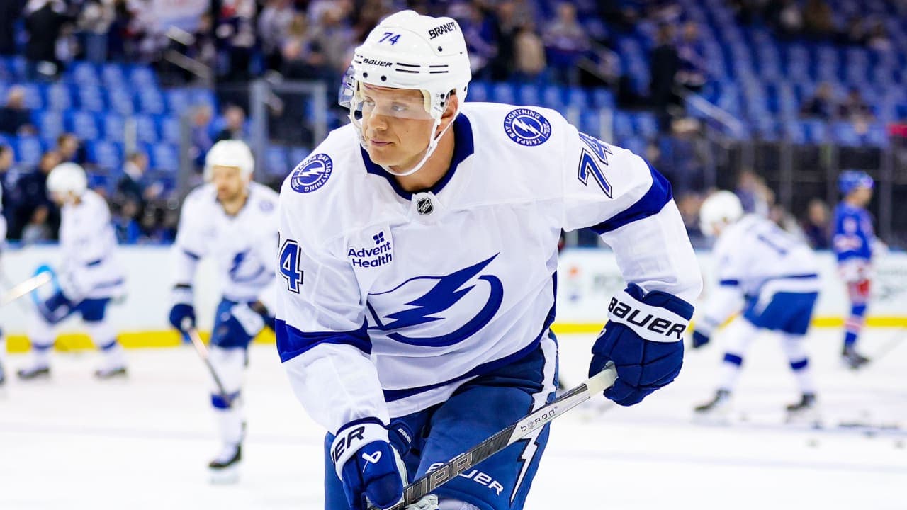 NEW YORK, NY - OCTOBER 01: John Carlson #74 of the Tampa Bay Lightning in action prior to the National Hockey League game between the Tampa Bay Lightning and the New York Rangers on October 1, 2026 at Madison Square Garden in New York, NY. (Photo by Joshua Sarner/Icon Sportswire via Getty Images)