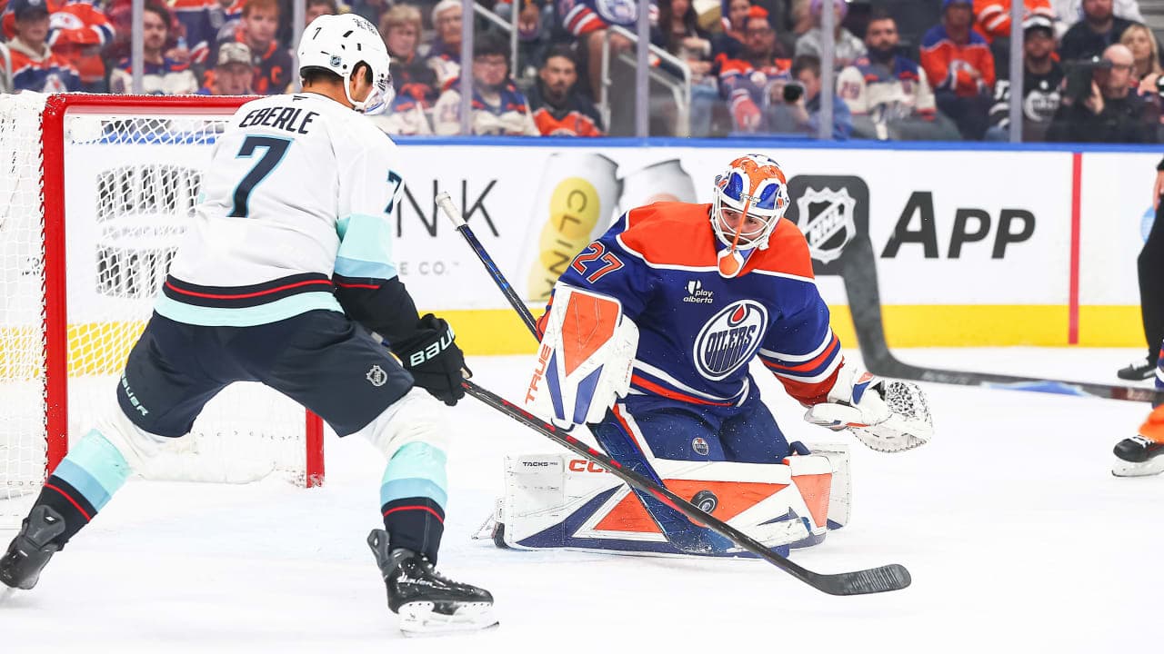 EDMONTON, AB - OCTOBER 03: Edmonton Oilers Goalie Devon Levi (27) makes a save on Seattle Kraken Right Wing Jordan Eberle (7) in the second period of the Edmonton Oilers game versus the Seattle Kraken on October 3, 2026 at Rogers Place in Edmonton, AB. (Photo by Curtis Comeau/Icon Sportswire via Getty Images)