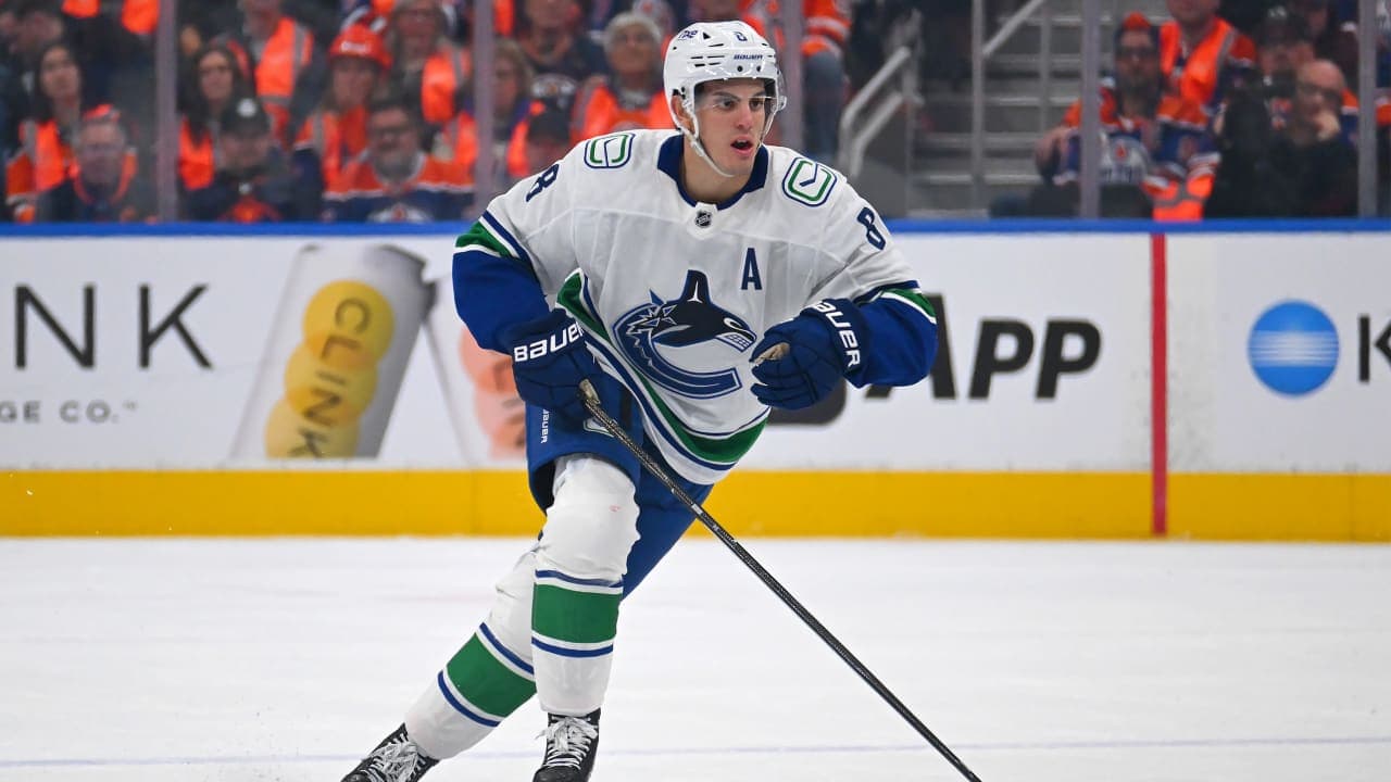 Zeev Buium #8 of the Vancouver Canucks in action during the game against the Edmonton Oilers at Rogers Place on September 29, 2026, in Edmonton, Alberta, Canada. (Photo by Leila Devlin/Getty Images)