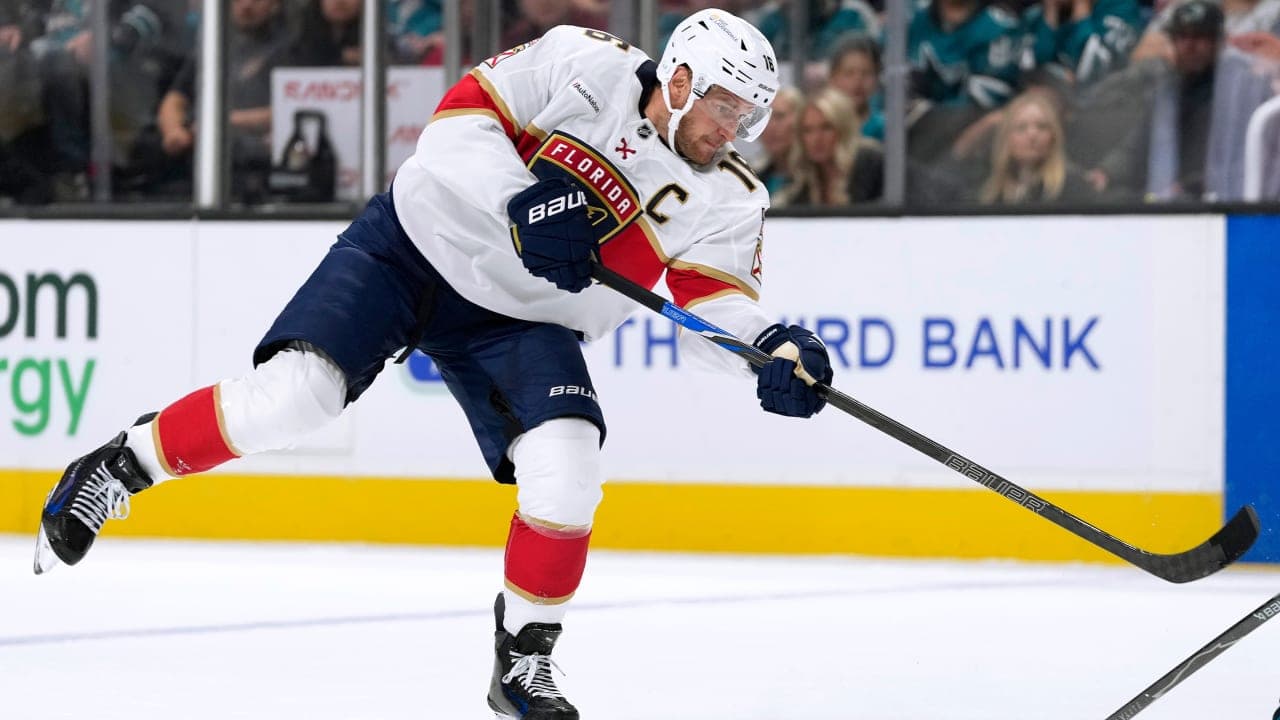 Aleksander Barkov #16 of the Florida Panthers skates with the puck against the San Jose Sharks during the first period during an NHL hockey game at SAP Center on October 01, 2026 in San Jose, California.