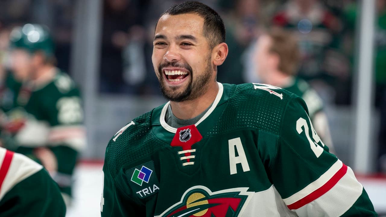 Matt Dumba #24 of the Minnesota Wild warms up before Game Three of the First Round of the 2023 Stanley Cup Playoffs against the Dallas Stars at Xcel Energy Center on April 21, 2023 in St Paul, Minnesota.