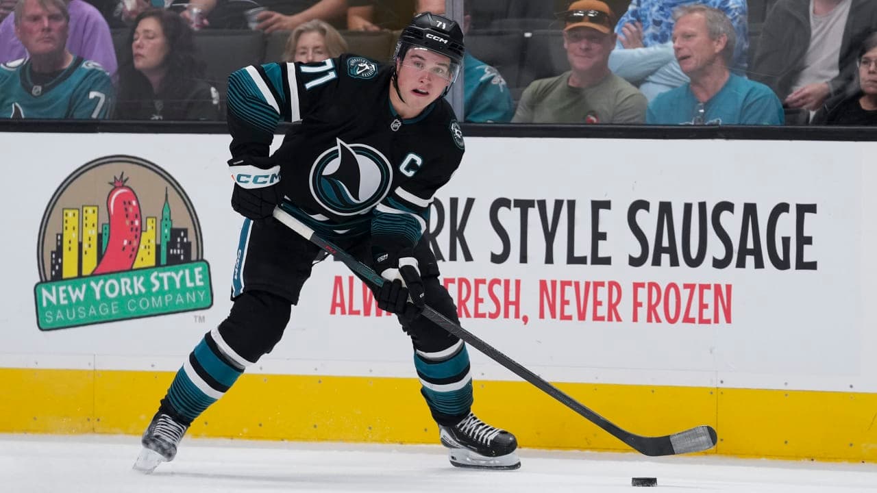 Macklin Celebrini #71 of the San Jose Sharks skates with the puck during the second period of an NHL hockey game against the Los Angeles Kings at SAP Center on October 3, 2026 in San Jose, California. 